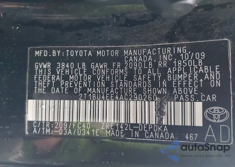 2010 Toyota Corolla Le z USA, uszkodzony, nr VIN 2T1BU4EE4AC290260